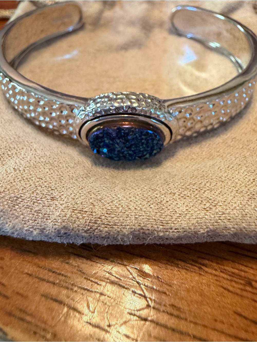 Silver Textured Silver Cuff Bracelet with Blue Druzy Accent 925